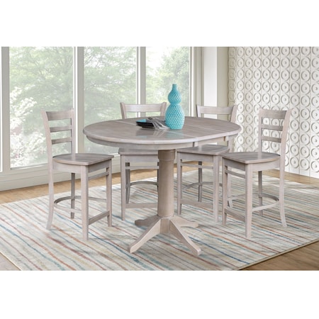 International Concepts 36 in. Round Extension Dining Table with 4 Emily Counter Height Stools - 5 Piece Set K09-36RXT-27-S6172-4